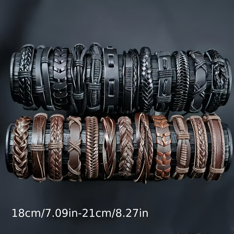 20pcs Handwoven PU Leather Bracelet Set Suitable for Men - Adjustable Retro Bracelets, Handmade for - Wear, Christmas/Halloween/Thanksgiving Gifts (20 Bracelets for Parties, Daily Use & Gifting)