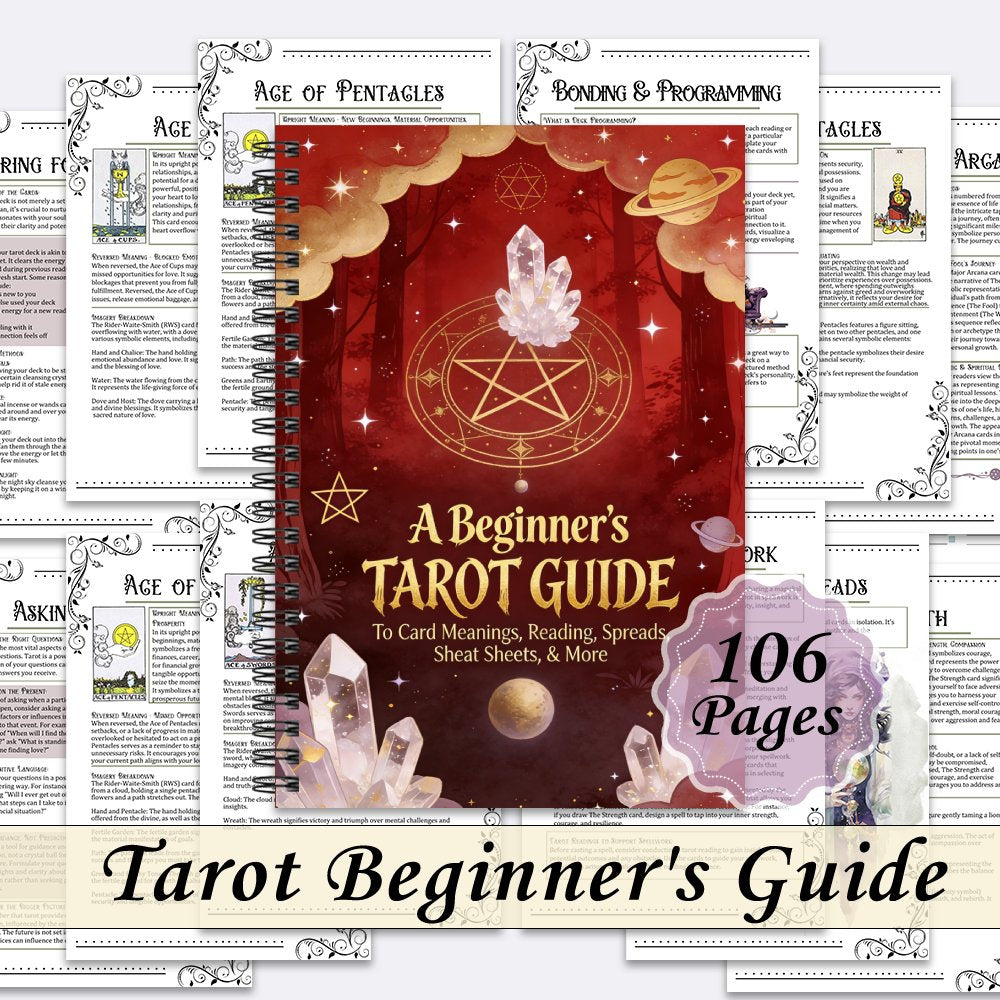 Beginner's Tarot Guide & Tarot Reading: to Card Meanings, Reading, Spreads, Cheat Sheets, & More, A Guided Workbook with Crystals, Celestial Symbols, Enchanted Forest for Easy Intuitive Spiritual Practice, Notepads
