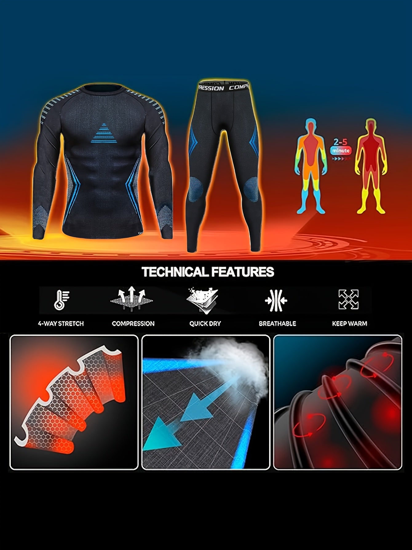 2 PCS Set UK Size  Autumn/Winter Men's Thermal Shapewear Set, Outdoor Skiing Warm Tight Pants and Long-Sleeve Top with Fuzzy Lining for Skating, Cycling Gym Running Yoga & Sports