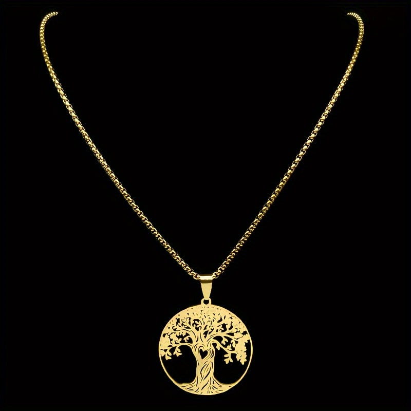 Stainless Steel Golden And Silvery Lucky Amulet Necklace For Women With A Tree Of Life Design