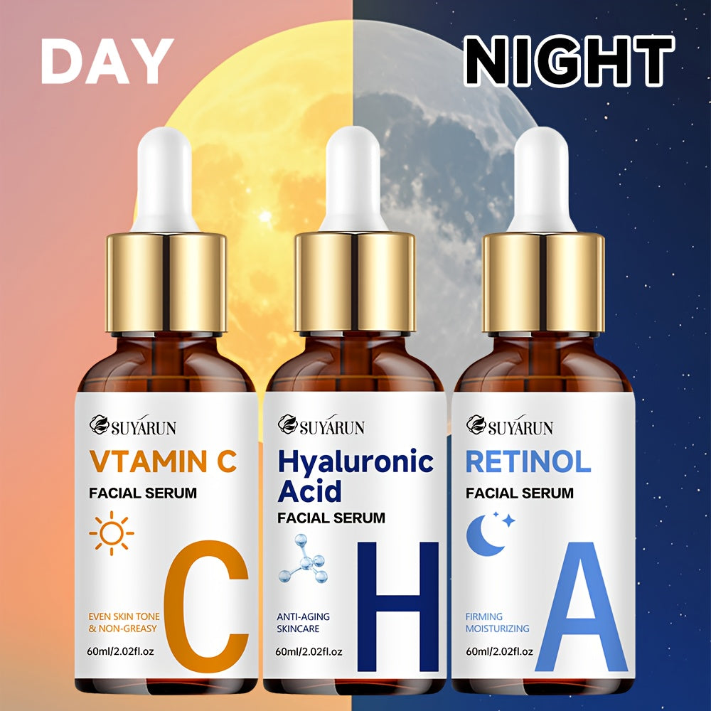 3 PCS Set 60ml Each Day & Night Vitamin C + Retinol + Hyaluronic Acid Triple Action Set, Enriched with Collagen, Aloe Vera, and Niacinamide, Brightens Complexion, Firms Skin, Deeply Hydrates, and Evens Light Beige. Gentle, Oi