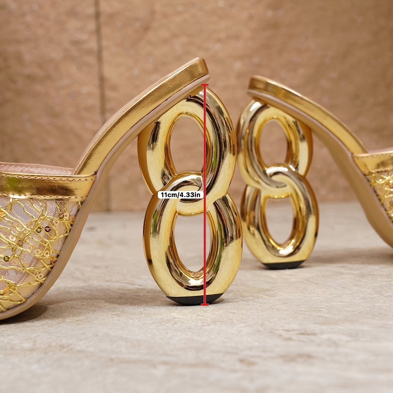 UK Size Golden New Mesh Material Youthful Fashionable Internet-Famous Figure-8 Heel, Women Shoes