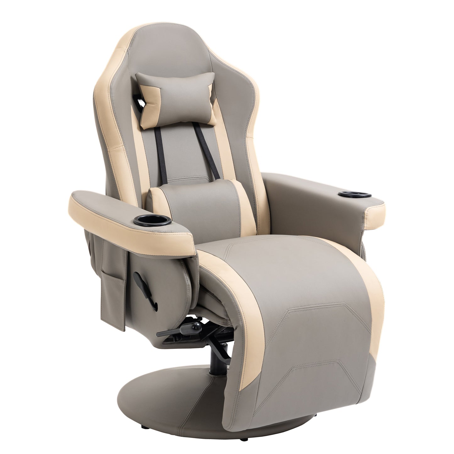 Manual Reclining Gaming Chair, Swivel Racing Video Gaming Recliner with Footrest, Headrest and Cup Holder, PU Leather Armchair with Storage Pocket, Grey