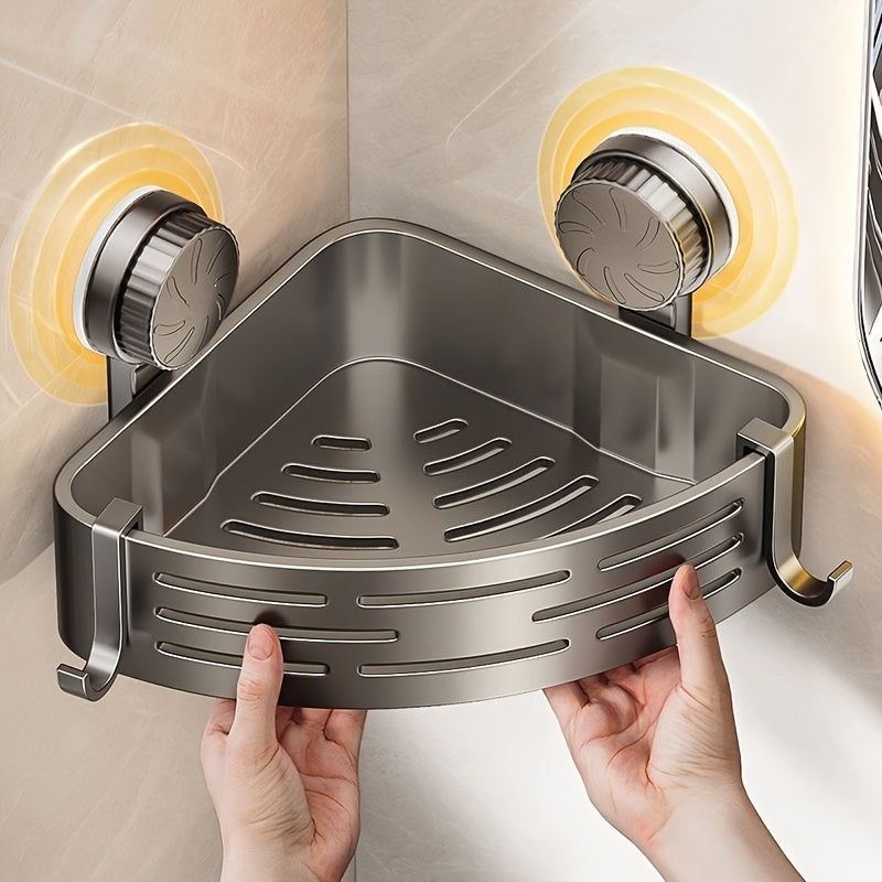 Space-Saving Suction Cup Bathroom Shelf - No Drilling Required, Strong Triangular Rack with Hooks, Suitable for Shower And Toilet Walls/Tiles, Multifunctional Storage Organizer
