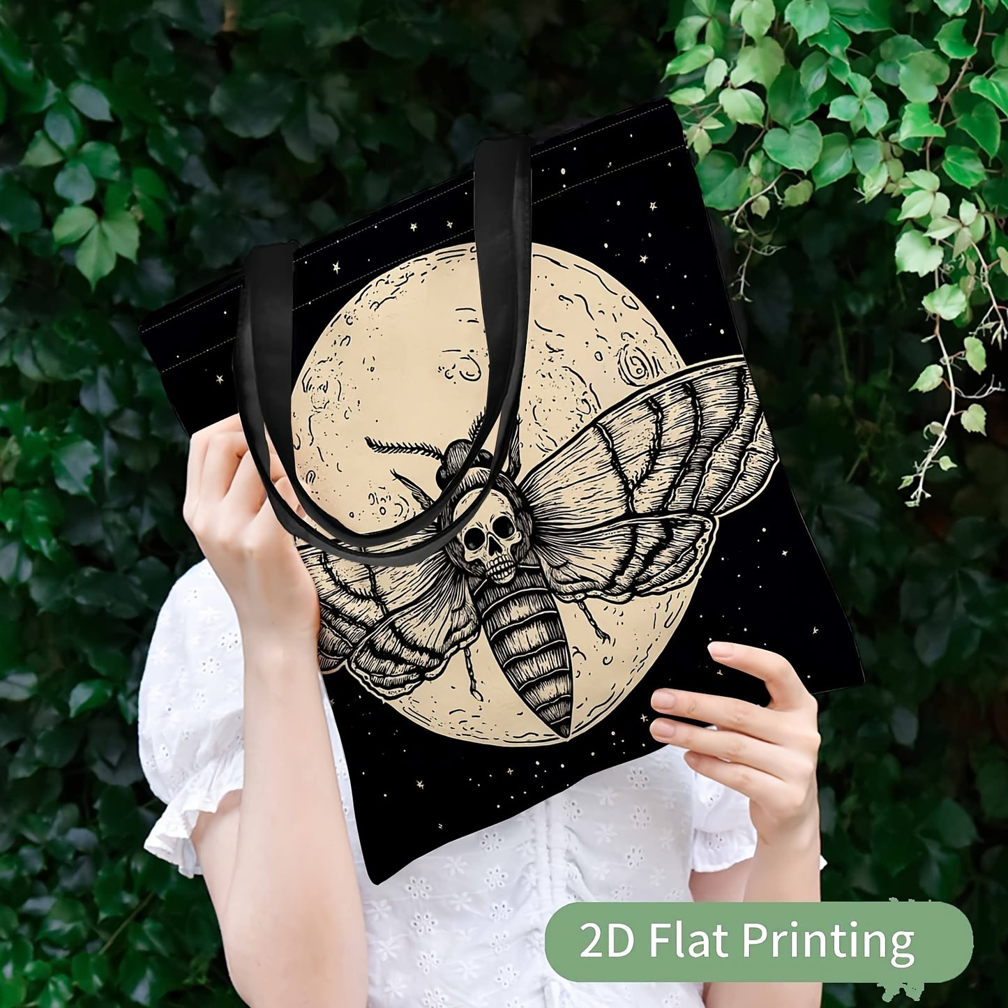 Gothic Moth & Skull Women's Tote Bag - Reusable Machine-Washable Lightweight Handbag with Moth Skull Moon Print, Casual Multifunctional Purse for Daily Use, Parties, Shopping