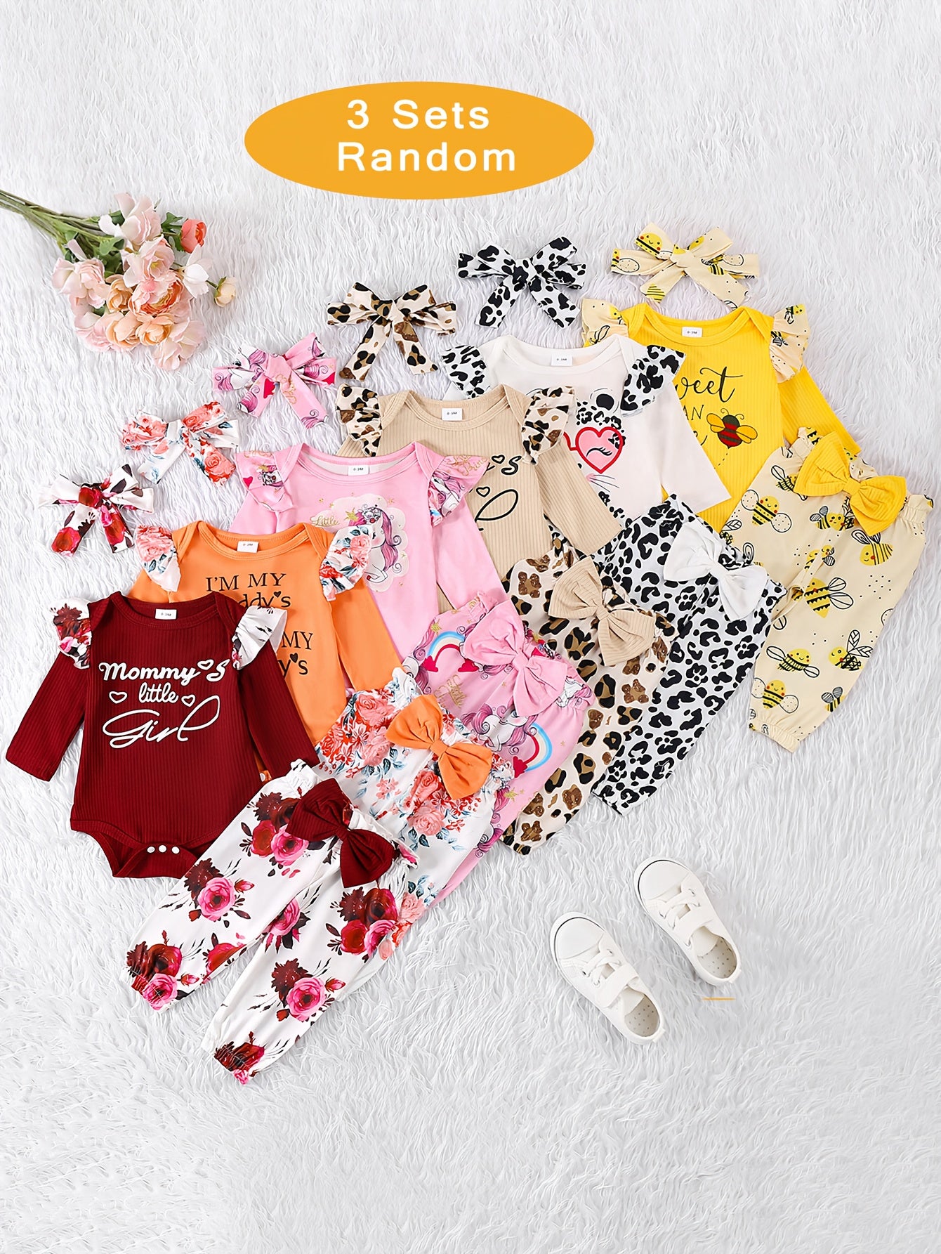 3 Sets of Random Newborn Autumn and Winter Letter Print Long Sleeve Rompers with Pants, Perfect for Outdoor, Baby Girl Outfits