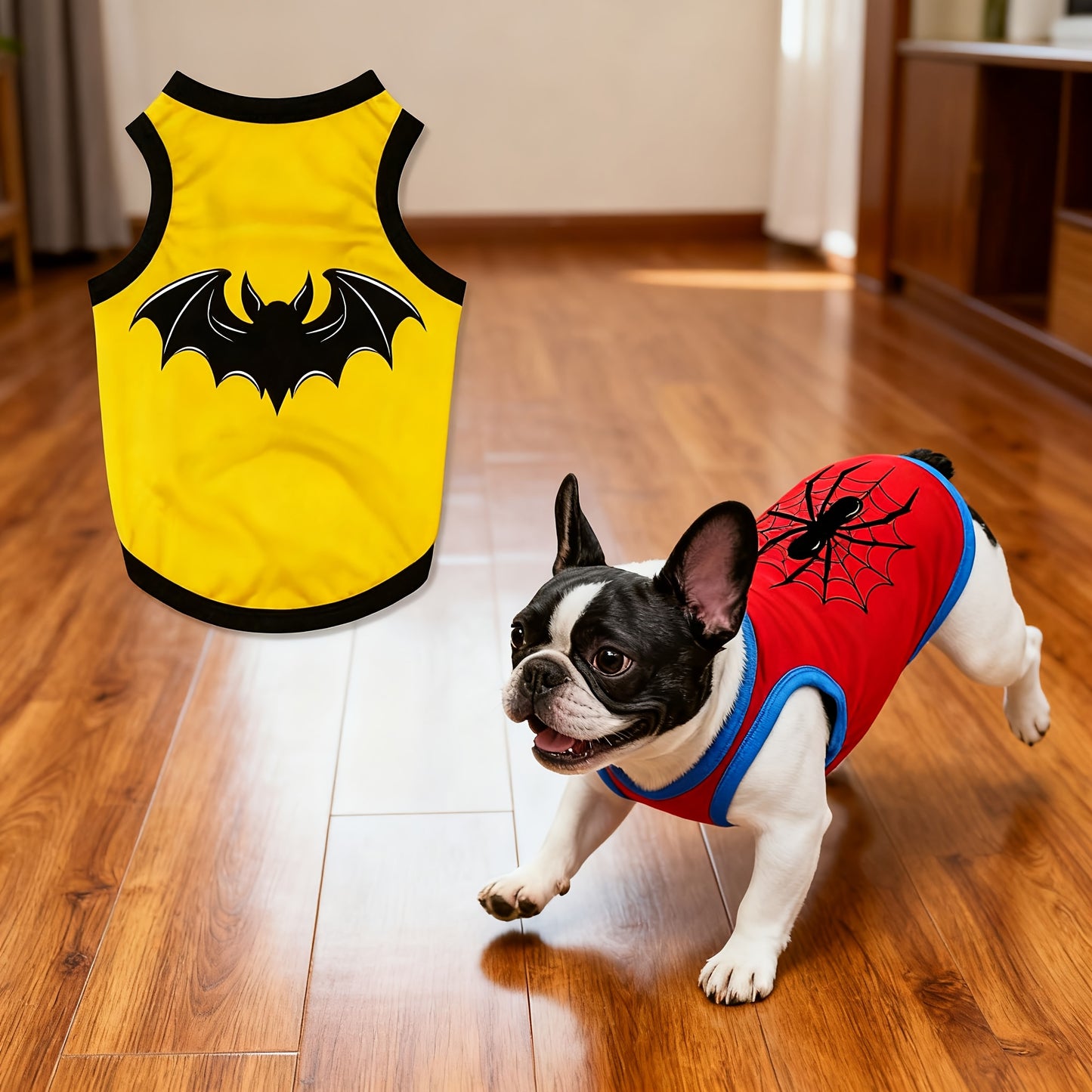 Soft Breathable Dog Clothes Suitable for Dog Breeds like Teddy, Bichon Frise, Corgi - Spider & Bat Patterns, Sleeveless Pet Outfits for all- Wear, Machine Washable Non-Restrictive for small/Medium Dogs