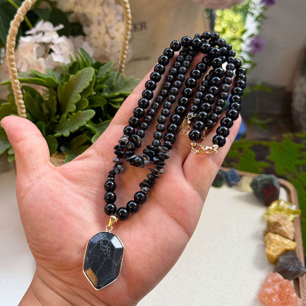 2 PCS Set Grounding Protection Black Obsidian Beaded Necklace, Natural Stone Pendant Double Layered Layered Necklace Set, Women's Fashion Jewelry Gift, Suitable for Giving to Family or Friends