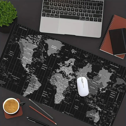 XXL Oversized Extended Gaming Mouse Pad And Keyboard Mat with a World Map Design - Features a Non-Slip Rubber Base, Deep Blue And Black Color Scheme, And White Key Labels, Suitable for PC, Office, Home, Work