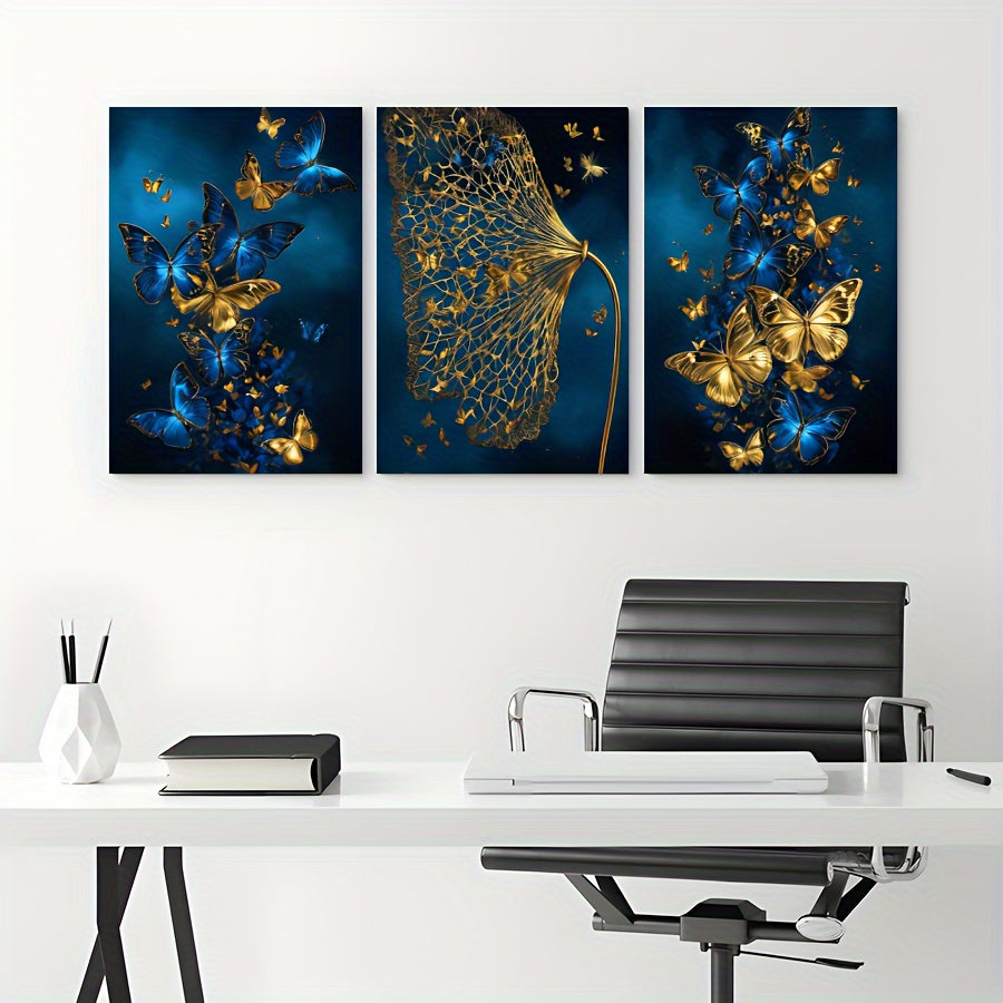 3pcs Navy Blue, Golden & Turquoise Butterfly Canvas Wall Art Set - Modern Abstract Minimalist Wrapped Canvas Paintings with Deep Blue & Golden Hues, Large Wall Decor for Living Room, Bedroom, Bathroom - Indoor Hanging Decorat