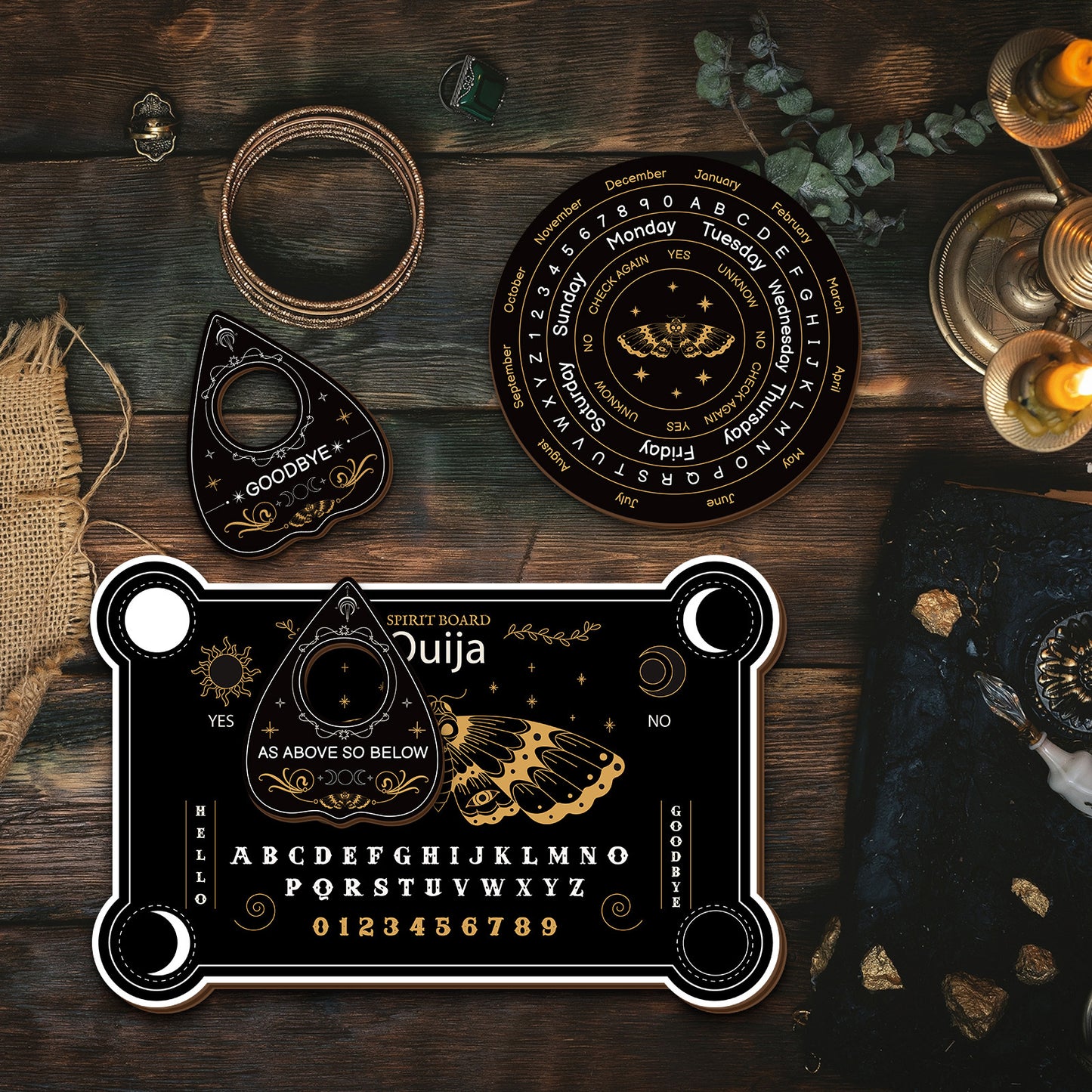 4 PCS Set Wooden Ouija Board Set - Mystical Psychic Device with Butterfly Core, Wooden Tabletop Divination Kit, Mysterious Farmhouse Decor, Suitable for Divination, Meditation, and Fortune Telling. No Batteries Required/Easy
