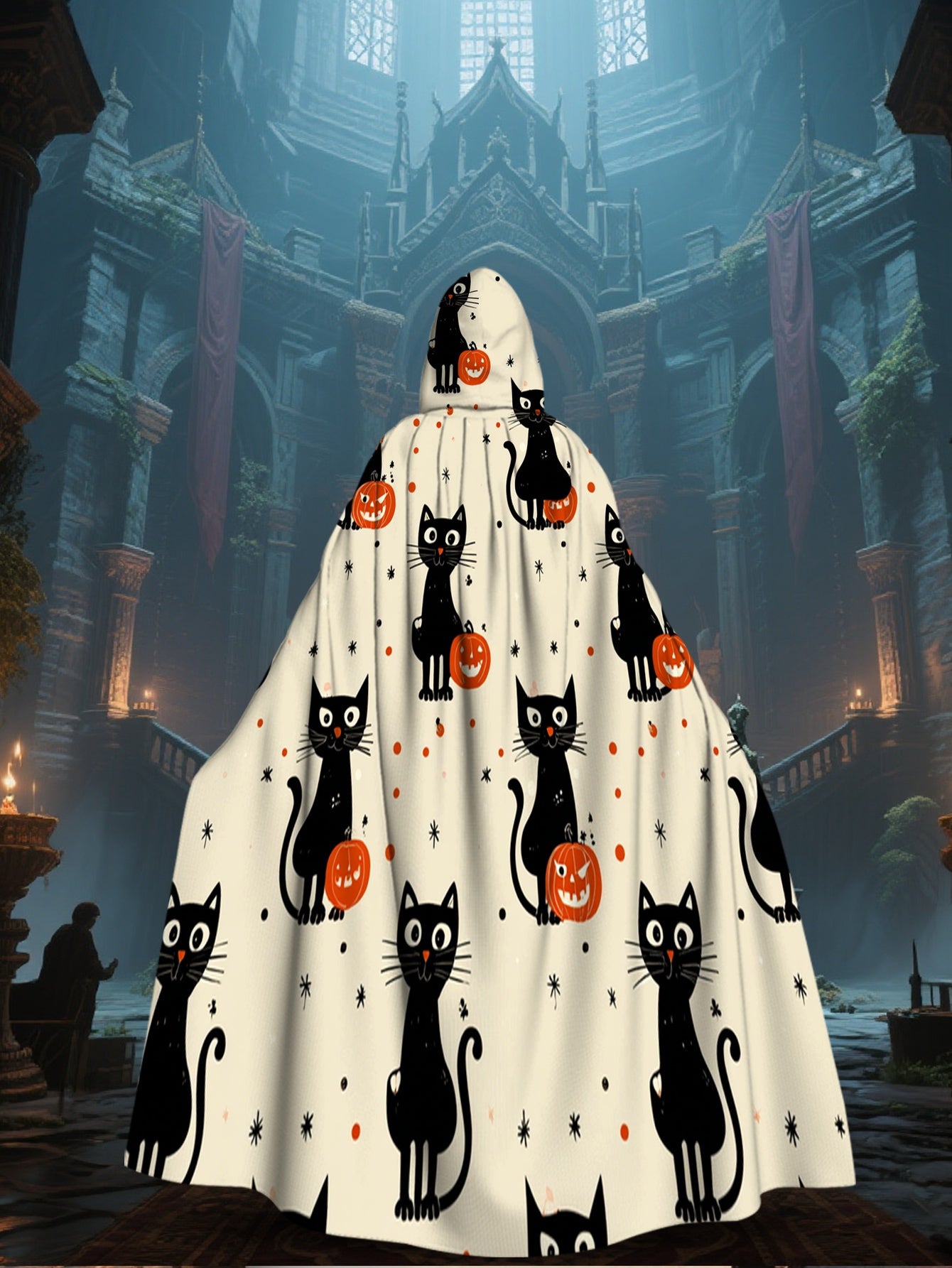 All-Season Witchcraft Halloween Hooded Cape Costume - Black & White Print with Witch Hat, Loose-Fit Witch/ Costume Accessory for, Machine Washable (Halloween Party Outfit, Carnival Cosplay Masquerade)