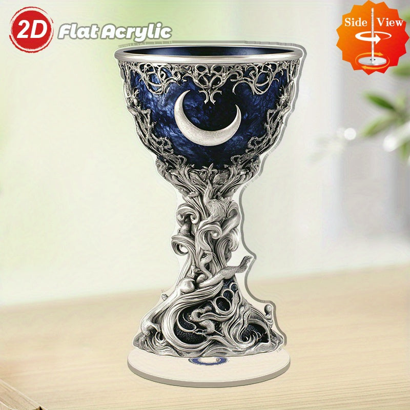 2D Flat Spinning Acrylic Tabletop Decor Featuring A Mystical Chalice Secret Society Sacred Ceremonies with Azure Interior And Silvery Filigree for Enchanting Home Or Office Settings