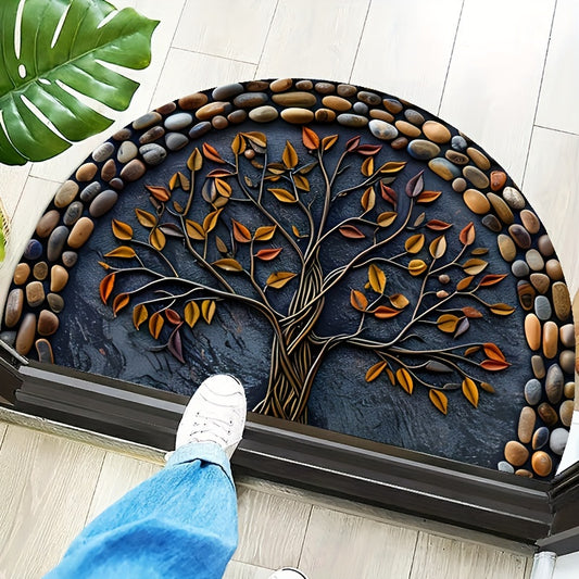 *TREE OF LIFE * Semicircular Welcome Mat - High-Quality Flannel, Featuring a Pebble Ring Design, Vibrant Colors, Suitable for Indoor And Outdoor Entry Mats, Perfect for Home, Yard, And Garden Decor - Machine Washable
