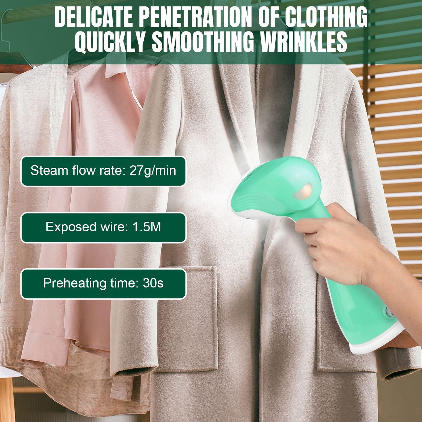 Handheld Steamer for Clothes, 30s Fast Heat-up Clothes Steamer Handheld Garment Steamer Clothing for Home, Office & Travel Use, Compact Lightweight Travel Steamer, 300ml Water Tank, 1.5m Cable
