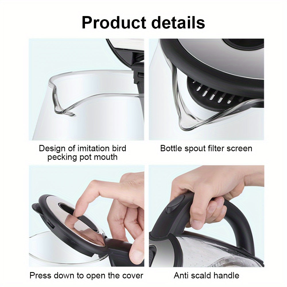 NEW 2L Electric Kettle Glass Quick Cook Portable Kettle 1800w Food Processor Quick Cook Element Portable Kettle Safe, Dry Burning Protection, Suitable For Home Kitchen, Living Room, Coffee, Tea, Kitchen Appliances And Accesso