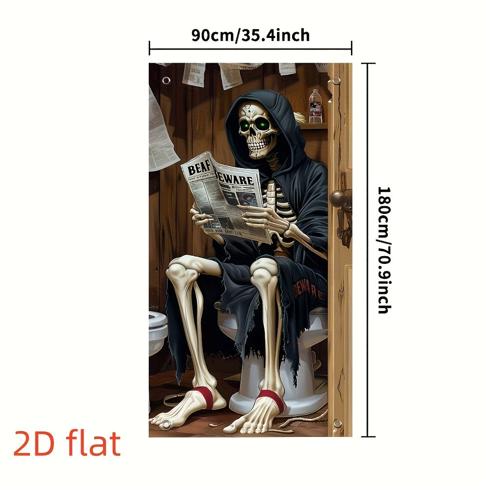 2D Door Banner Spooky Skeleton Reading Newspaper Halloween Door Banner - 89.92cm x 179.83cm Polyester Outdoor & Party Decoration with Sunflowers, Jack-O'-Lanterns, and "BEWARE" Sign, Perfect for Festive Celebrations, Hallowee
