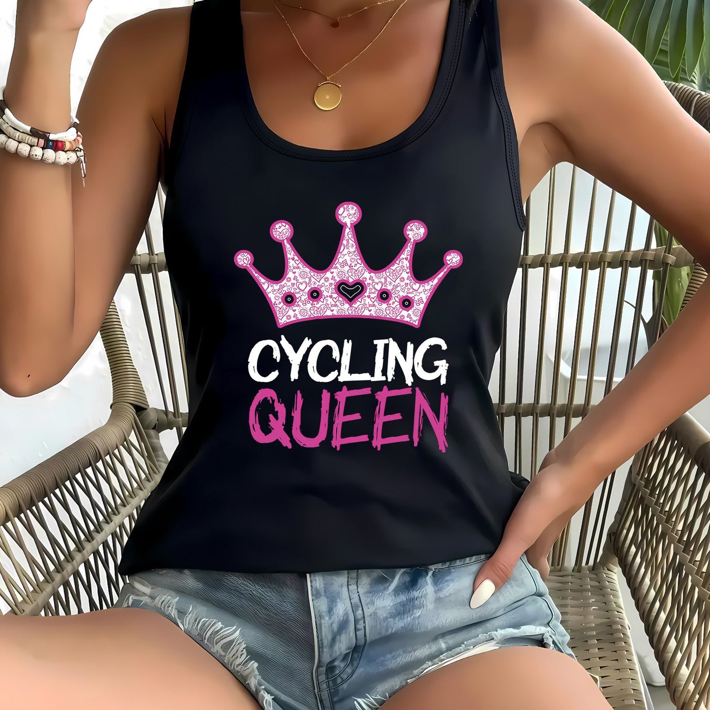 For Big Girls XL-5XL UK(18-26) Plus Size, Curvy Women's Oversized Sleeveless Cycling Queen Graphic Tank Top - Black with Pink Crown & Lettering, Soft Round Neck Casual Shirt for Cycling Enthusiasts, Machine Washable All-Seaso
