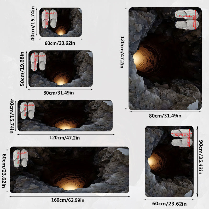 2D Optical Visual Illusion Deep Cave Themed Doormat, Soft Flannel Welcome Mat with Non-Slip Feature, Outdoor Carpet for Entryways, Machine Washable, Foldable, Durable Polyester Fiber, Suitable for Bathrooms, Kitchens, Living