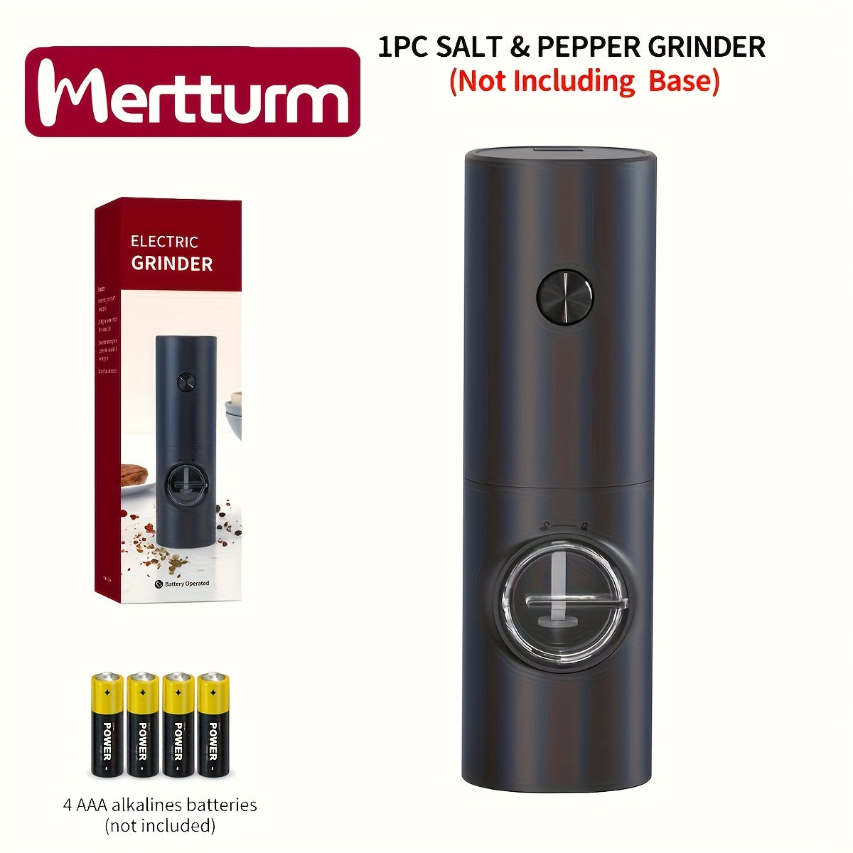 Electric Salt Pepper Grinder, Battery Powered Convenient (Batteries Not Included), Dual-Compartment Design with Base, Practical White LED Light, Coarse and Fine Adjustment, One-Click Operation, Black Durable