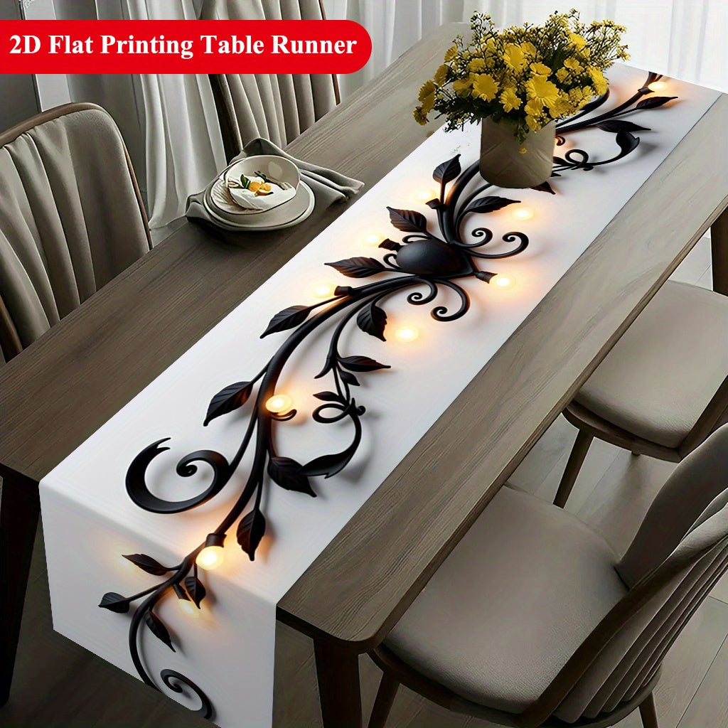 2D Tablecloth Featuring Black Flowers And Warm Light, Made of Polyester, Suitable for Dining Rooms, Coffee Tables, Or Dining Tables, TV Cabinets, And Decorations for Holidays And Family Gatherings, Easy to Clean