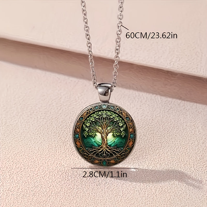 1pc Vintage Glow-in-the-Dark Tree of Life Necklace - Stainless Steel & Glass Zinc Alloy, Bohemian Style, Ideal for Daily Wear or Gifting, Tree Of Life Jewelry