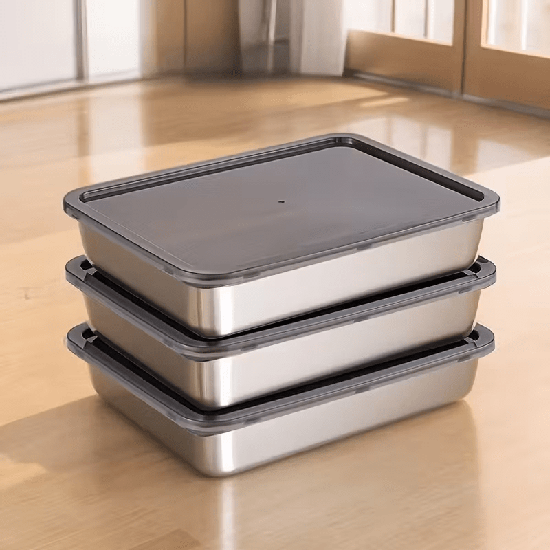 3 PCS Set Stainless Steel Food Storage Containers Leak-Proof, Stackable, Space-Saving - Heavy-Duty Stainless Steel Construction, Airtight Lid For Freshness - Ideal For Meal Prep, Fruits, Meats, Veggies, Leftovers, Fridge, Fre