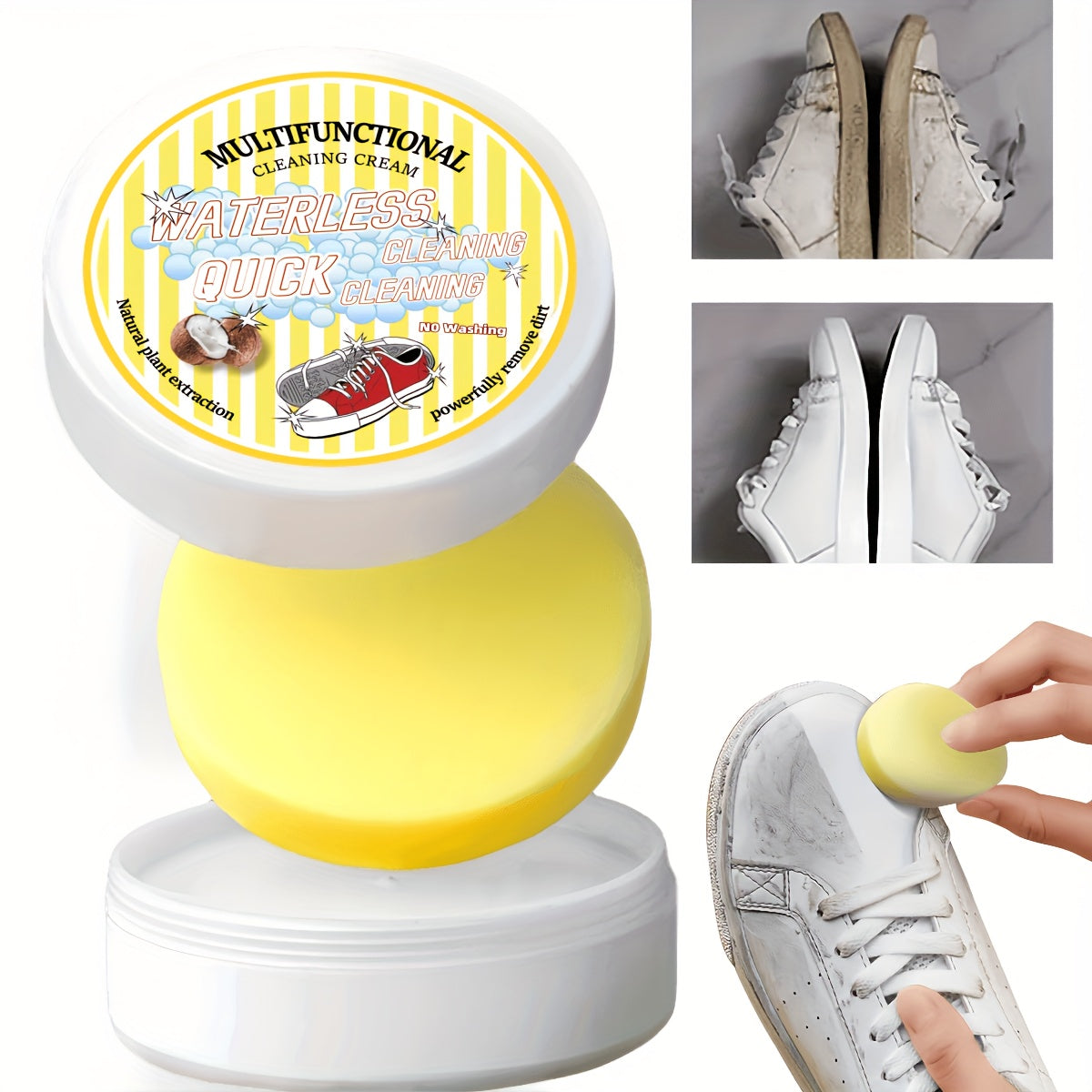 Multi-Purpose Shoe Cleaner Gel with Sponge – Instant Whitening & Stain Removal for Sneakers, Faux Leather Goods, Car Interiors & More – Jasmine Scented, Concentrated Formula for Effortless Cleaning, Illustrated Instructio