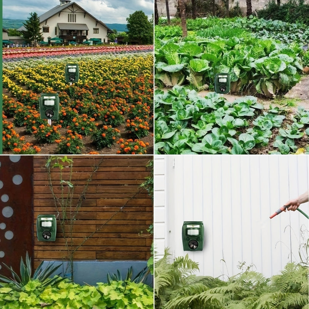 Upgrade Solar-Powered Ultrasonic Animal Repellent, Farm Home Garden Action-Sensor LED Flashlight - Waterproof IP66, Dog, Cat, Squirrel, Raccoon, Skunk, Rabbit, Rodent, Fox, Deer Repellent, 36.83x10.92x5.33 cm, Outdoor Securi