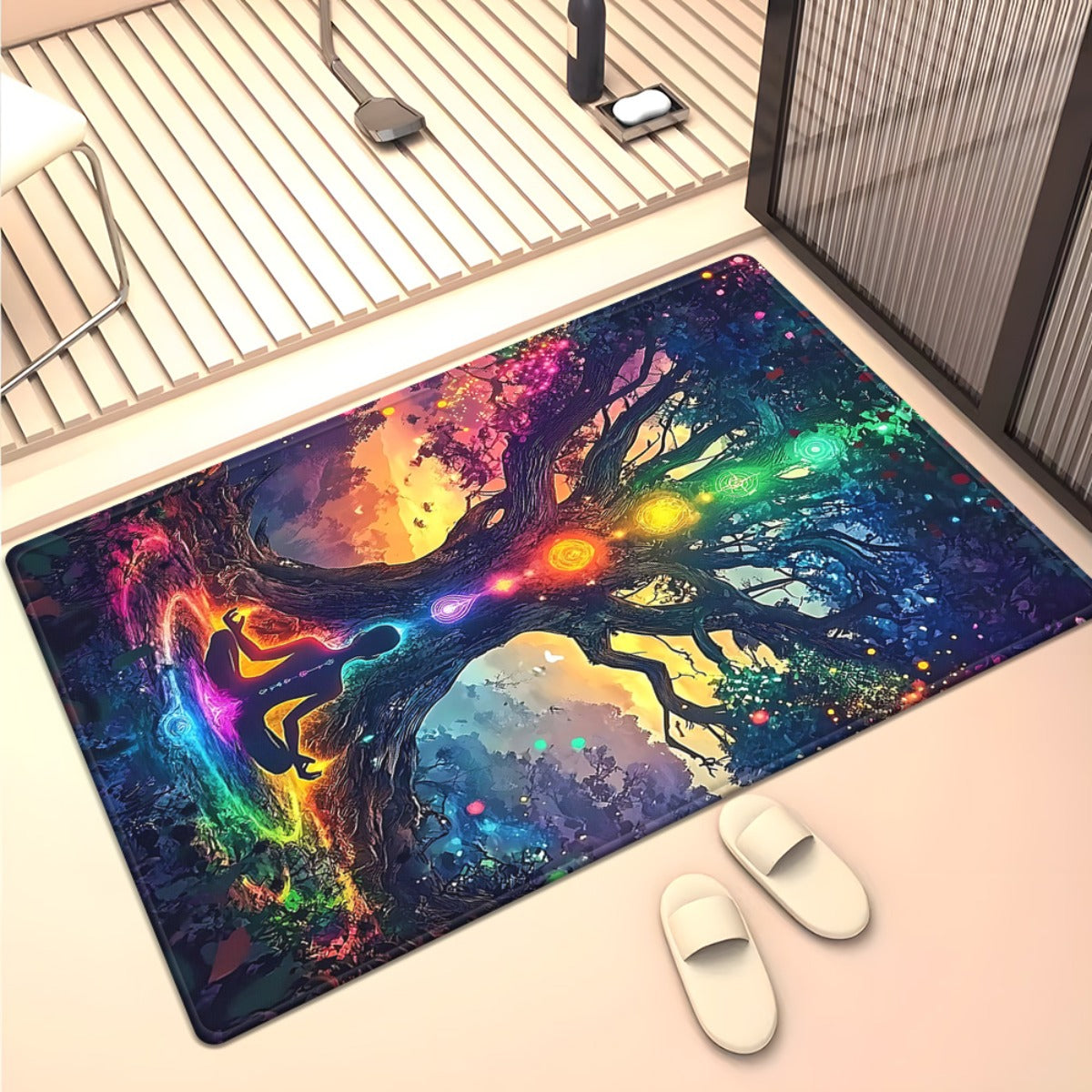 For Spiritual Yoga Studio Extra Large Meditation Mat - Heavy-Duty 800gsm Non-Slip Yoga Mat & Mat with Chakra Tree Design in Green, Blue, Purple, Pink, Orange, Yellow, Red, - Machine Washable Floor Mat for Living Room, Bathroo