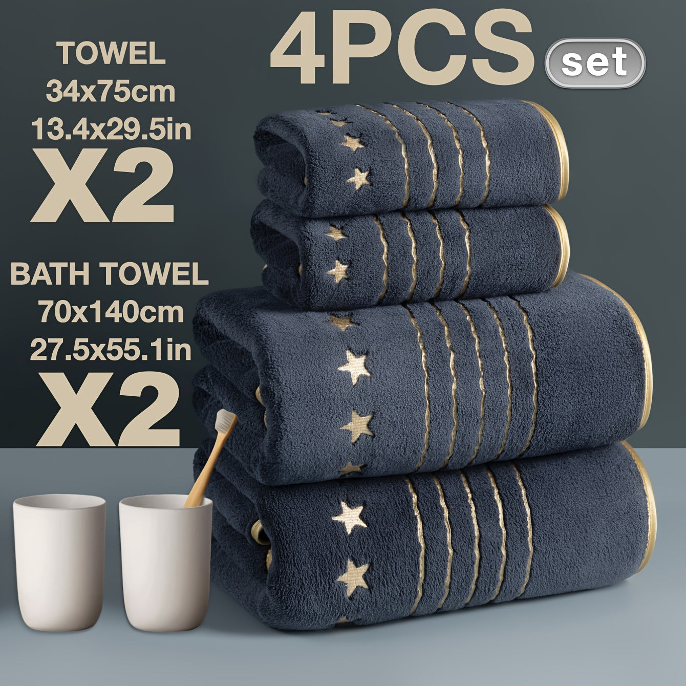 4/6-PCS Set Ultra-Soft Golden Thread Light Luxury Five-Star Embroidered Towel Bath Towel Set, 2 Bath Towels 69.85 X 139.95 cm, 2 Hand Towels 34.04 X 74.93 cm, 2 Washcloths 34.04 X 34.04 cm, Perfect for Home, Hotel, and Spa Us