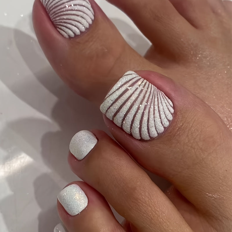 24 PCS Set Glitter Shell Pattern Press-On Fake Toenails Nail Art Stickers Women Manicure Pedicure Accessories