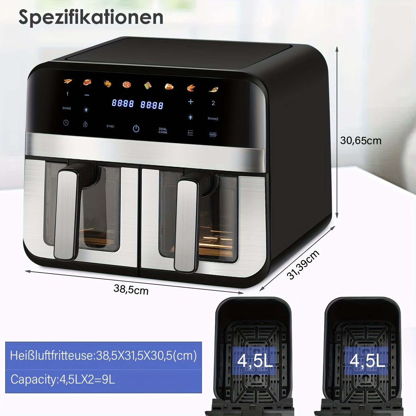 9L Dual-Basket Air Fryer (4.5L+4.5L), 2400W High-Power Cooking, Independent Temp Time Control, Smart Touch Panel with 8 Preset Modes, 80-200°C Adjustable Temp, 60Min Timer, Rapid Air Circulation, Stainless Steel Front, Heat-