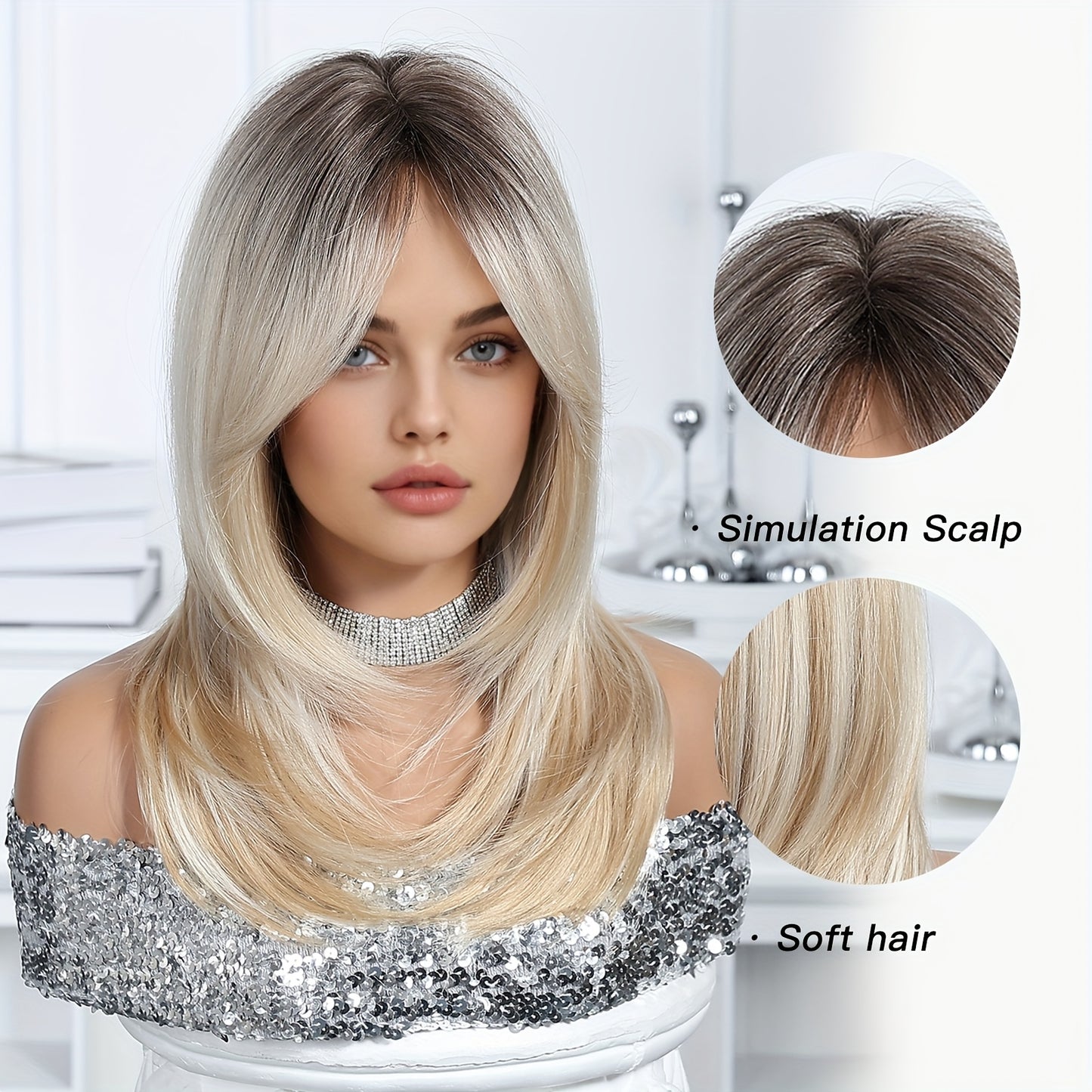 40.64cm Women's Natural Gradient Blonde to Golden Ombre Wig - Straight Hairstyle with Middle Part, Synthetic Hair for Everyday, Parties, Dates, Special Events - Easy Maintenance & Secure Fit Rose Net Cap, Hair Wig, Party Acce