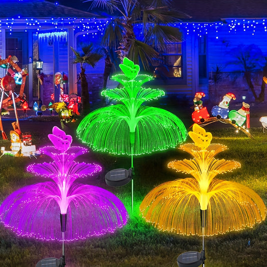 1Pcs Solar Jellyfish Lights Christmas Tree Lights Decorations Outdoor  3 Layer with Butterfly Optical Fiber 7 Color Changing Lighting for Yard Pathway Outside Decorative Gifts Christmas
