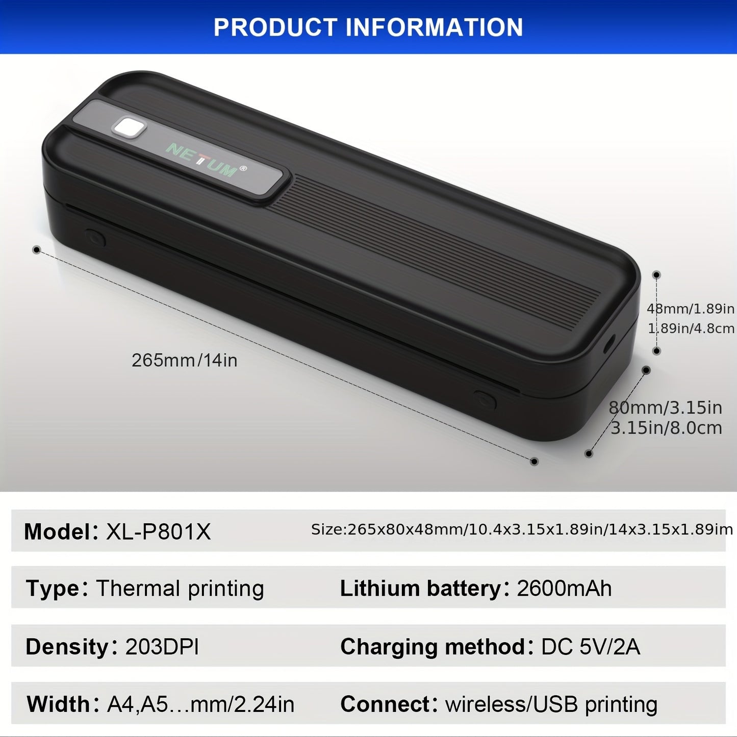 A4 Portable Thermal Printer - Wireless and USB Connection, Multi-Size Printing, Roll/Fold Paper Compatible, Ink-Free Monochrome Output, Supports PDF/Word/Excel/JPG, 203dpi High Definition Print, Built-in 2600mAh Rechargeable