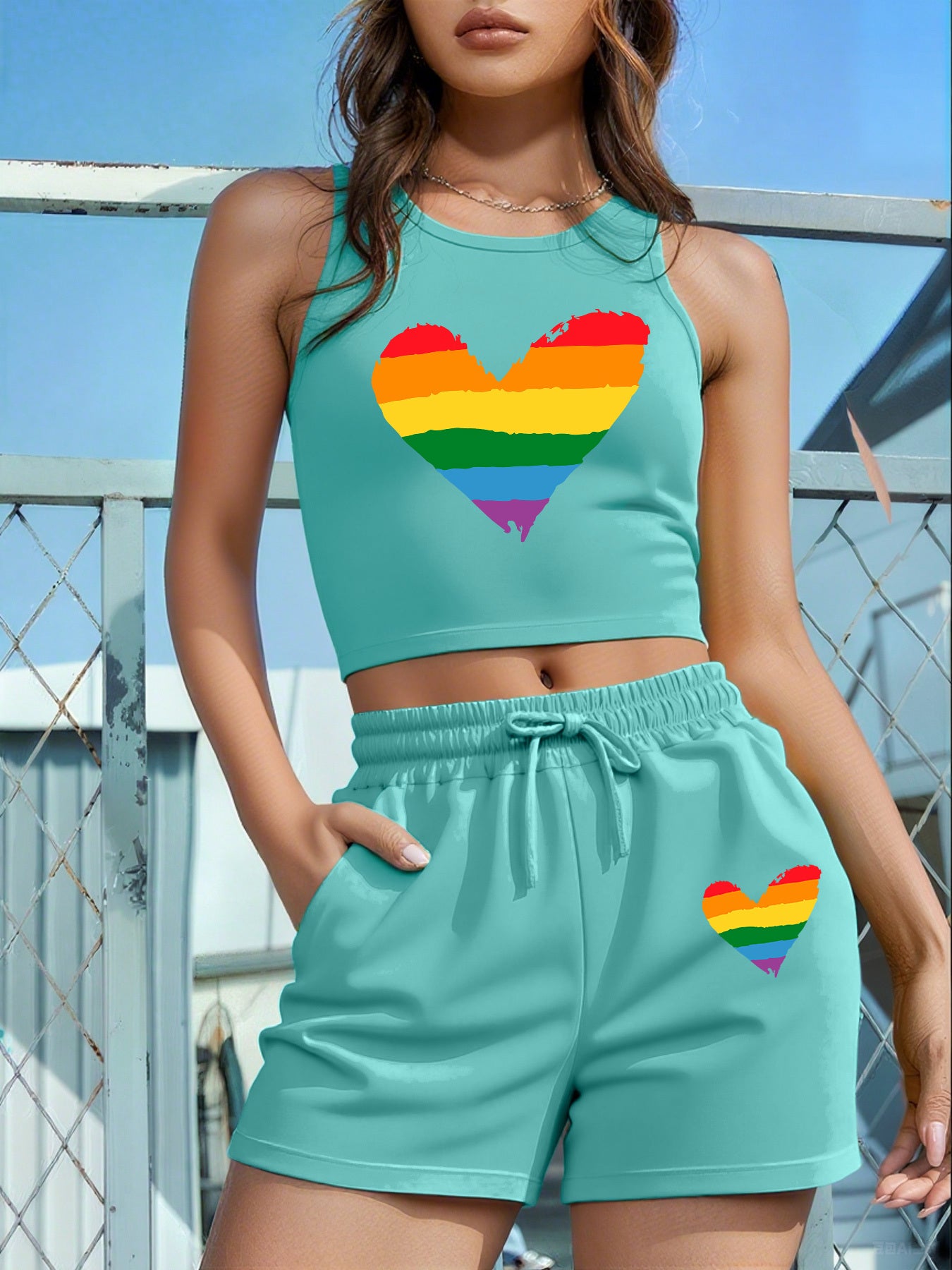 2PCS Set 5 Colors Women's LGBTQ+ Pride Heart Graphic - Sleeveless Vest & Loose Shorts Outfit in Red with Green/Purple Stripes, Drawstring Waist - Machine Washable Lounge, Party, Everyday Outfits
