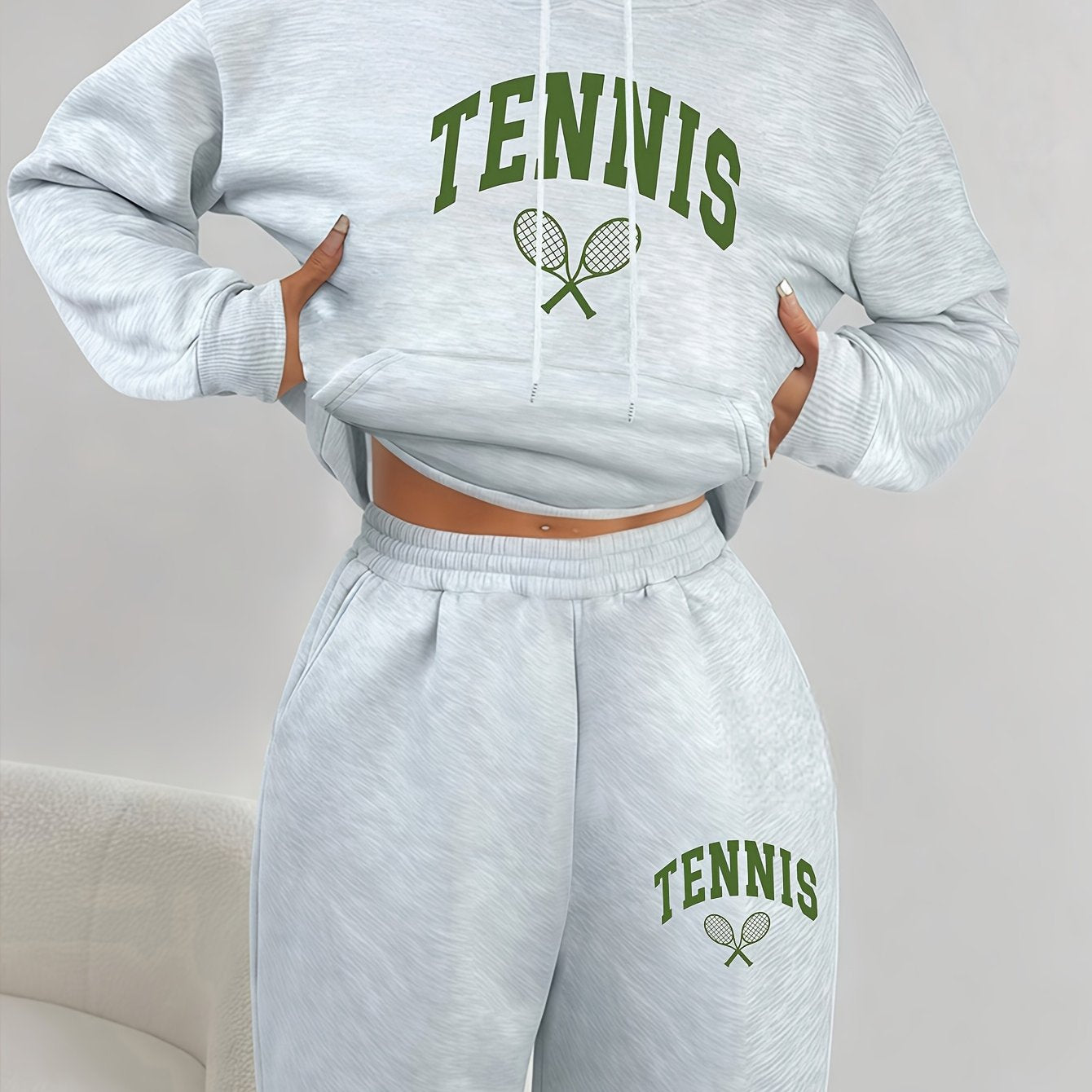 Autumn Winter Women's Casual Sports Two-Piece Set Long Sleeve Hooded Sweatshirt Sweatpants Set Tennis Pattern Lace-Up Pocket Design Simple Versatile Dynamic New Arrival