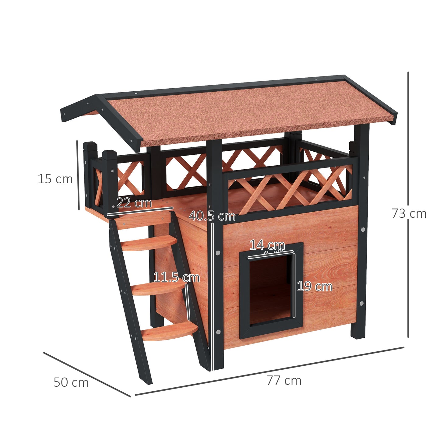 Outdoor Cat House Kitten Shelter Puppy Kennel with Balcony Stairs Asphalt Roof, 77 x 50 x 73 cm