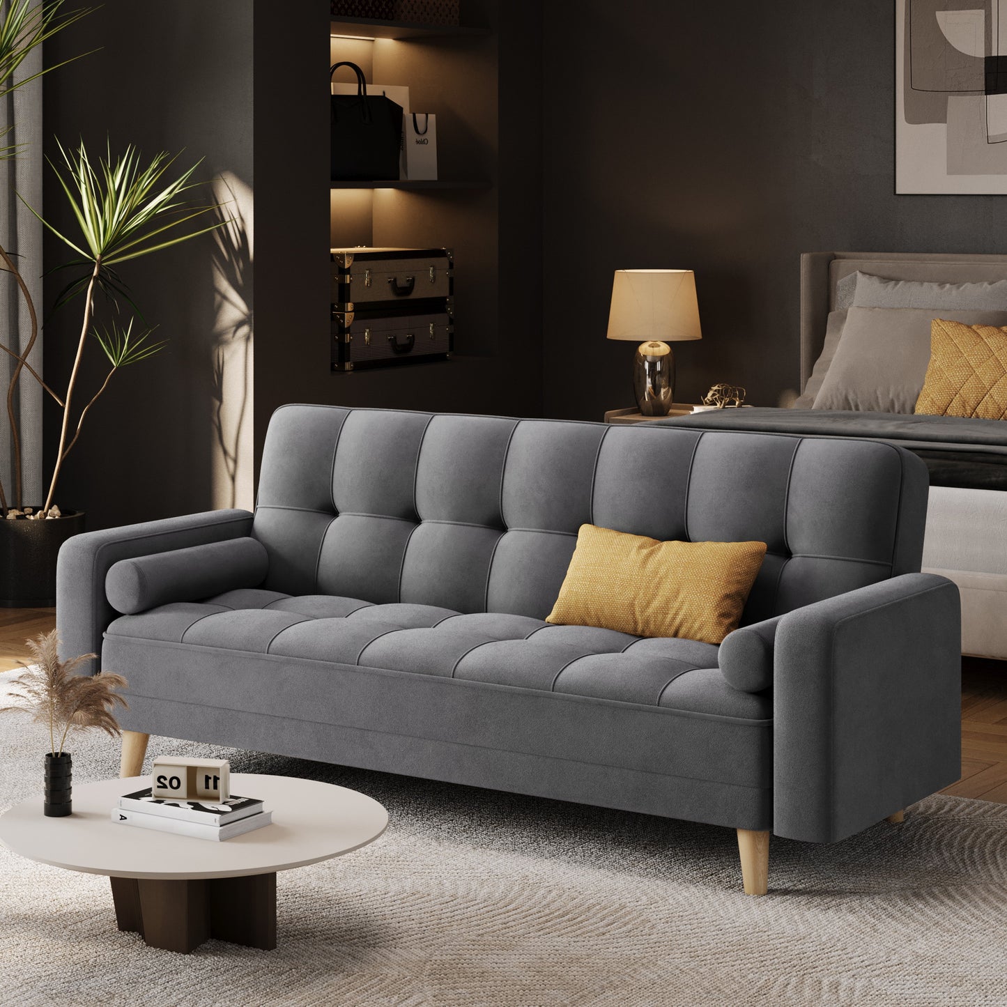 Office Living Room Convertible Sofa Bed, Sofa Bed Velvet Convertible Sofa Bed 3 Seater Futon Sofa Bed with 2 Bolster Pillows and 3 Adjustable Back Angles for Apartments, Dens, Guest Rooms, Spare Rooms, Offices, and Lounges, M