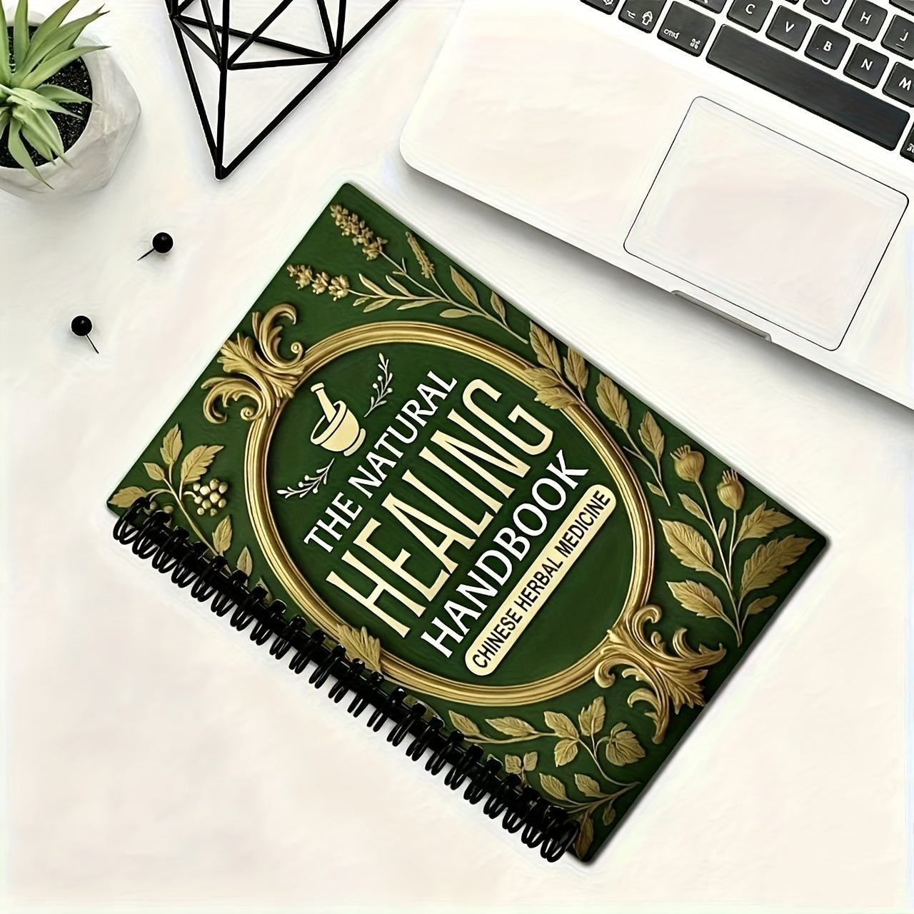 NEW Arrivals Natural Herbal Medicine Handbook: 50 Page Spiral Notebook, 17 Sections, 13.97x21.08 cm, Elegant Golden and Green Design, Suitable for Herbal Relax and Overall Health, Ideal Gift for Family Members