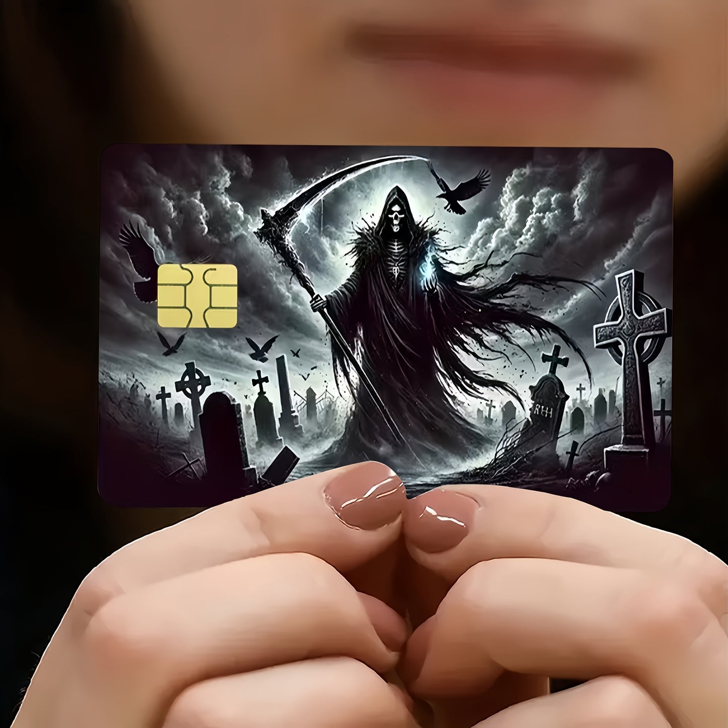 2 PCS Set Horror Death Scythe Pattern Credit Card Skins | Waterproof, Ultra-Thin, High-Quality, Scratch-Resistant, Self-Adhesive, Ideal for Credit, Bank, and Bus Cards, Perfect Gift for Friends, Plastic