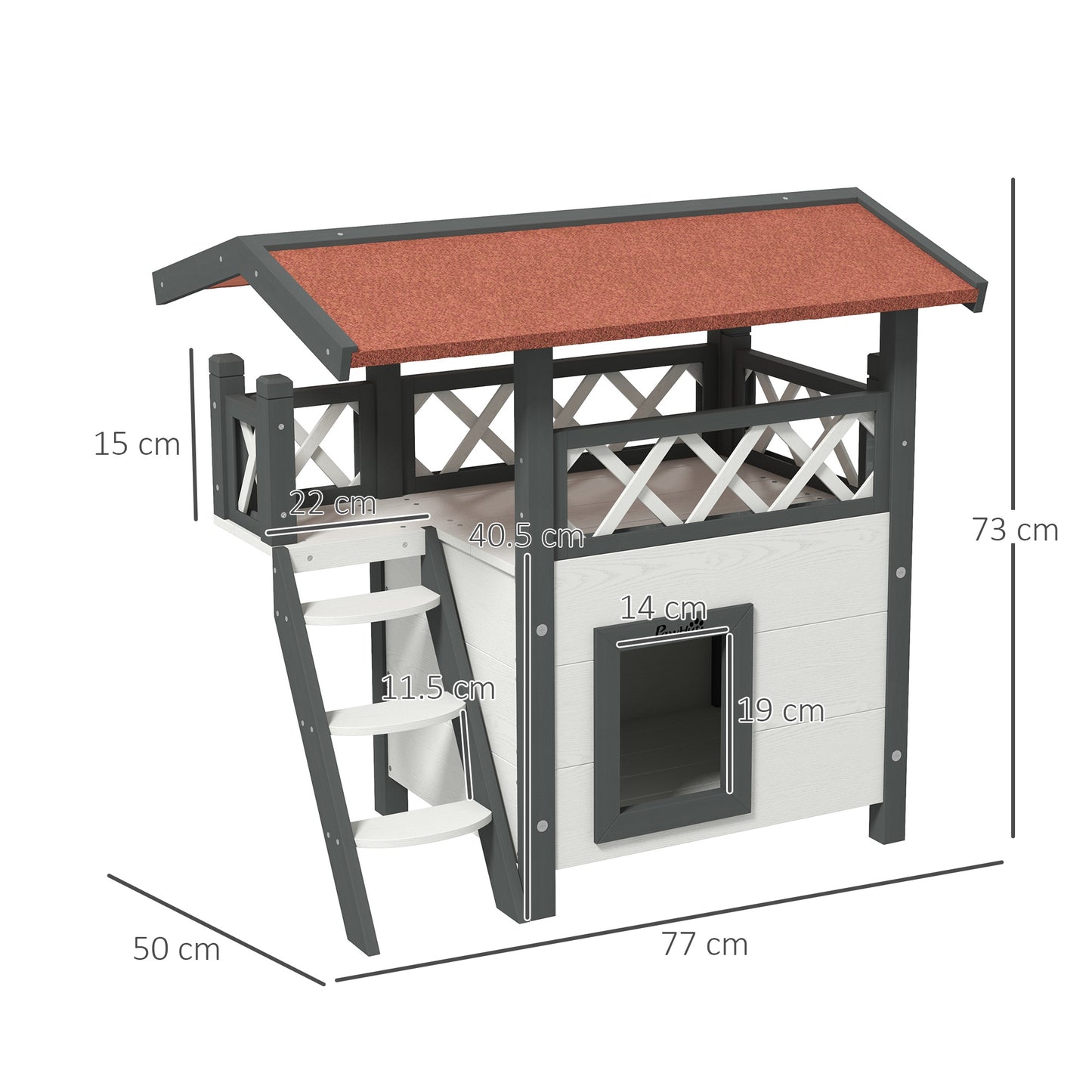 Outdoor Cat House Kitten Shelter Puppy Kennel with Balcony Stairs Asphalt Roof, 77 x 50 x 73 cm