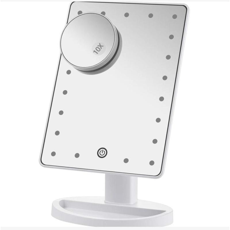 16 LED Touchscreen Makeup Mirror with Magnifying Mirror Adjustable Brightness Stand and Tray in White