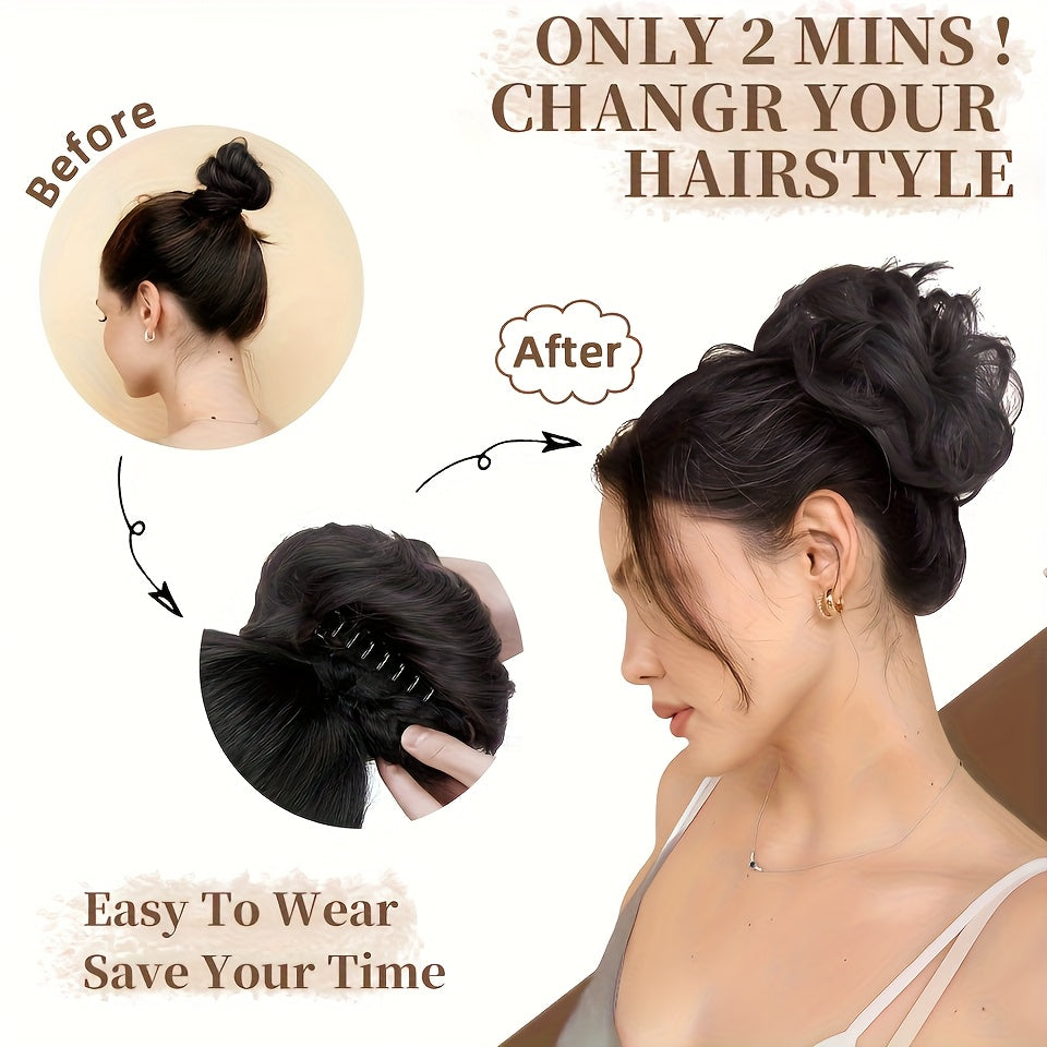2 PCS Set Elegant Wave Curly Messy Bun Clip with Small Clip-Fluffy Synthetic Headdress - All-Season Hair Accessory for Weddings, Parties, Daily Use - Women's Bridal & Party Hair Styling, Cute Hair Clips, Brides