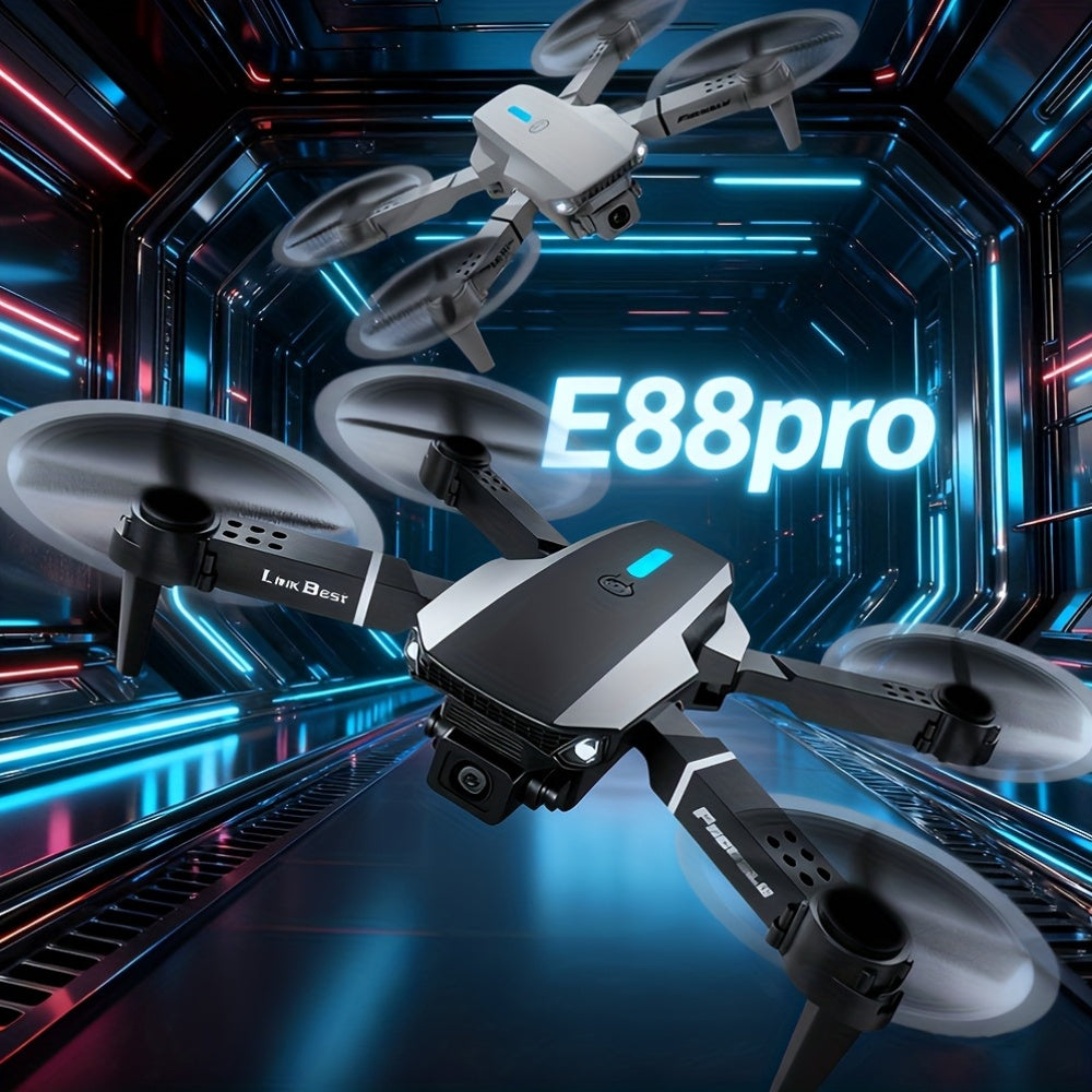 E88 Pro! Featuring a Foldable Design,  Compact And Lightweight, Available in Two Minimalist Colors: Black And Gray, Along with a Sturdy Build. It Has Dual 480P Cameras And Remote Control Operation