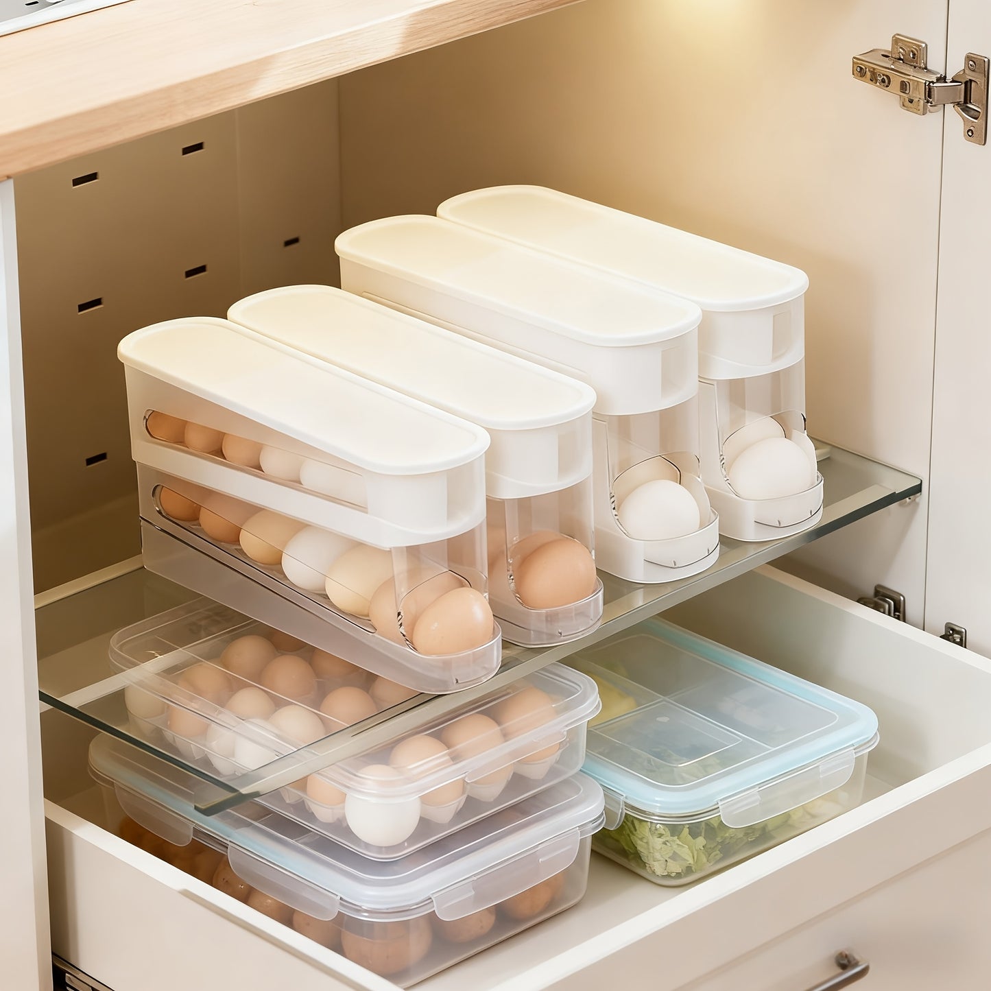Space-Saving Refrigerator Side Door Rolling Egg Storage Box - Durable Plastic, No Batteries Needed, 2-Tier Transparent Compartments for Easy Egg Access & Organization, Kitchen & Fridge Organizer, Egg Organizer for Refrigerato