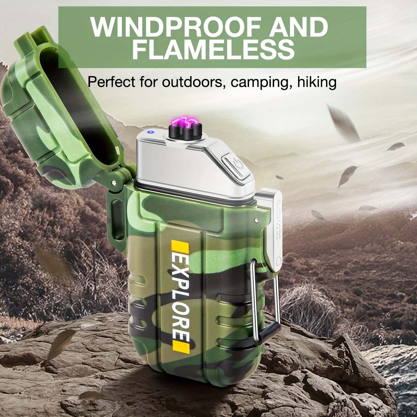 NEW Survival Arc Plasma Lighter Electric Windproof Lighter Rechargeable Flameless Cool Lighters with Whistle for Camping, Survival, Outdoor Adventure, Tactical Outdoor Supplies