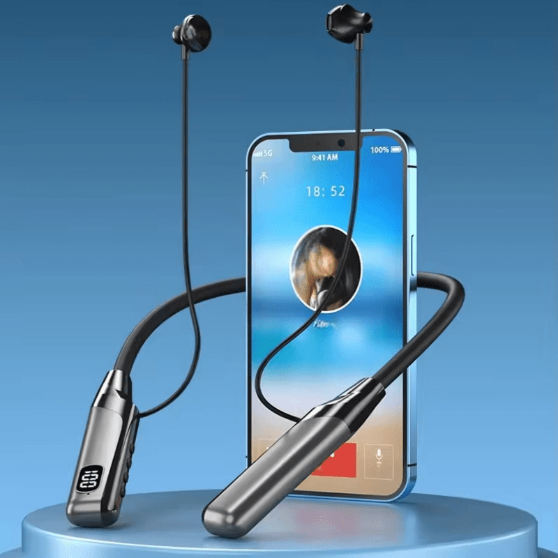 Wireless Neckband Headphones with an Ultra-Long Battery Life, Featuring 5.3 Wireless In-Ear Earbuds That Include a Digital Charge Display, Noise-Canceling Stereo Bass, a Built-In Microphone, Magnetic Suction