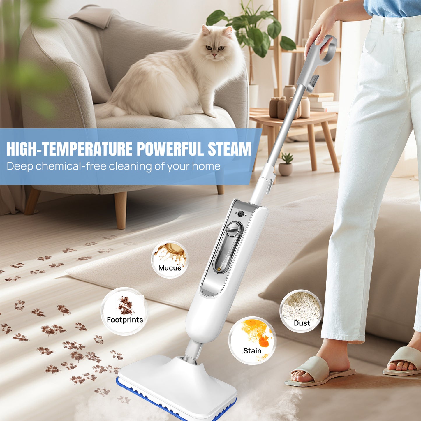 Floor Steamer Mop for Hard Floor Cleaner, Steam Cleaner Electric Mop 3-in-1 Hard floor Wet Dry Dust Flat Cleaning Mop with 400ml Tank, Lightweight Steam Cleaner with 2 Washable Cleaning Pads, Tile Floor Cleaner for Laminate F